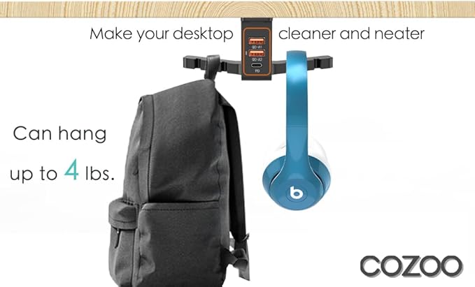 cozoo Headphone Stand with USB Charger Under Desk Headset Holder Mount 3 USB Charging Station,iWatch Stand Watch Dock Dual Earphone Hanger Hook,PC Accessories Gifts,UL Tested