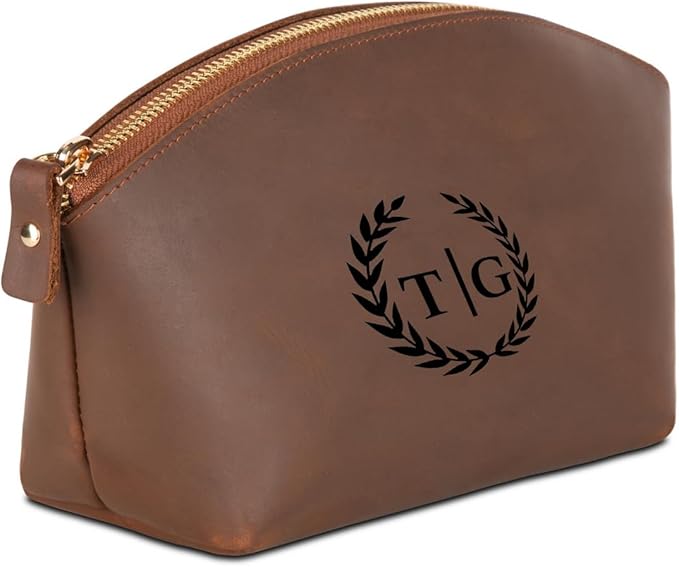 Blade Premium Personalized Genuine Leather Cosmetic Makeup Bag - Wedding Gift for Bridesmaid, Travel Organizer Clutch for Women with Zipper Pouch for Toiletry Essentials (Hazelnut)