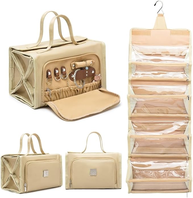 ROYALFAIR Roll Up Makeup Bag, Travel Toiletry Bag for Women with 4 Clear TSA Approved Pouches, Hanging Travel Organizer, Folding Cosmetic Bag for Men and Women (khaki)