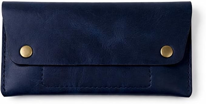 Leather Currency Pouch - Handmade Cash Organizer with Double Button Closure & Zipper Pocket, Compact Money Holder for Travel & Everyday Use, 4 x 8 Inch (Blue)