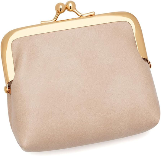 Women’s Small Coin Purse, Vintage PU Leather Change Purse, Rectangle Kiss Lock Coin Pouch, Pocket-Sized, Solid Color, Mini Coin Purse for Women - Apricot