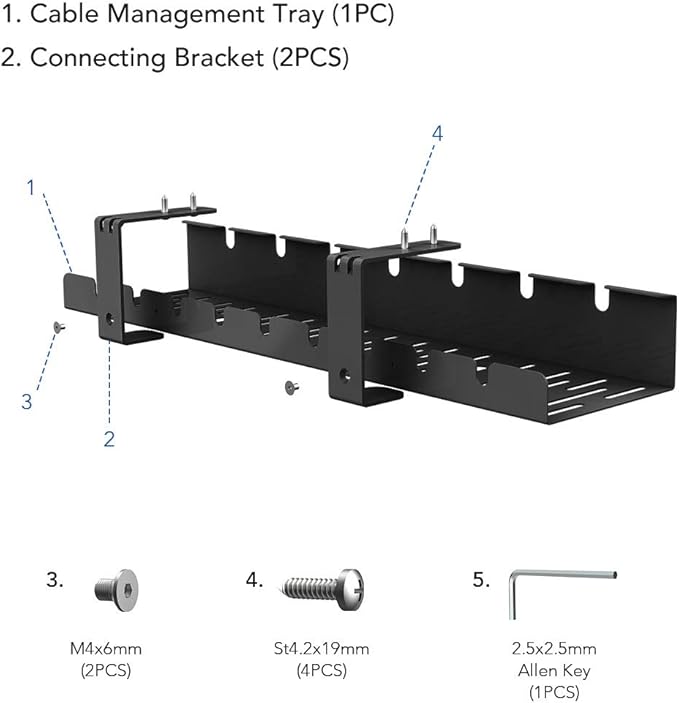 Cable Management Under Desk Tray for Home Office Desk, Metal Raceway Wires Cable Management Tray Tidy Organizer (Black)