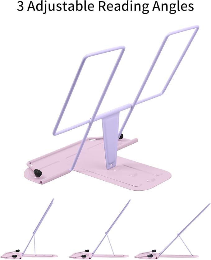 MSDADA Metal Book Stand for Desk, Adjustable Reading Rest Book Holder, Portable Cookbook Documents Holder, Sturdy Typing Stand for Recipes Textbooks Tablet Music Books(Purple+Macaron Pink)
