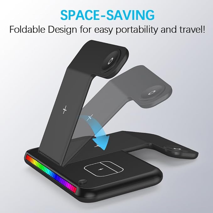 IHAO 3in1 Multifunctional Foldable Wireless Charging Station with LED Ambient Night Light Fast QC3.0 Charger for Phone, iWatch, Headphone Space-Saving Auto-Shutoff & Overcharge Protection-Black