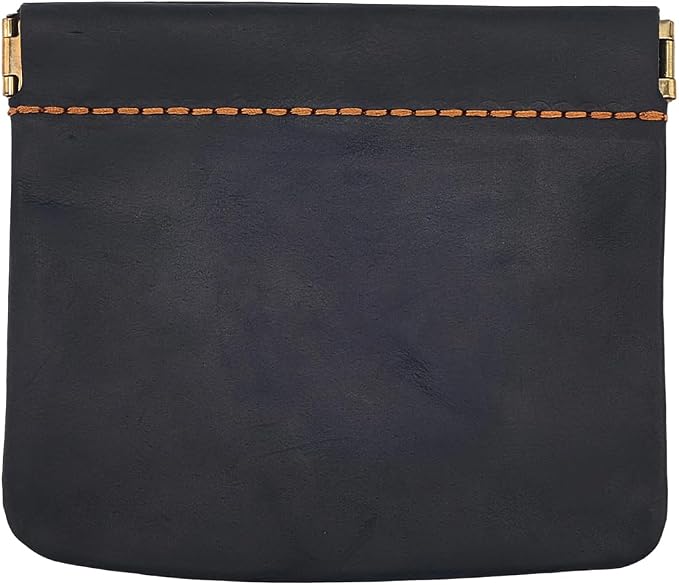 4.72 x 4.02 Inch Genuine Leather Squeeze Coin Purse Pouch Crazy Horse Leather Small Makeup Bag for Purse Snap Closure Organizer Pouch Mini Self-Closing Lipstick Pouchic for Women Men(Black)