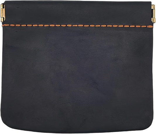4.72 x 4.02 Inch Genuine Leather Squeeze Coin Purse Pouch Crazy Horse Leather Small Makeup Bag for Purse Snap Closure Organizer Pouch Mini Self-Closing Lipstick Pouchic for Women Men(Black)