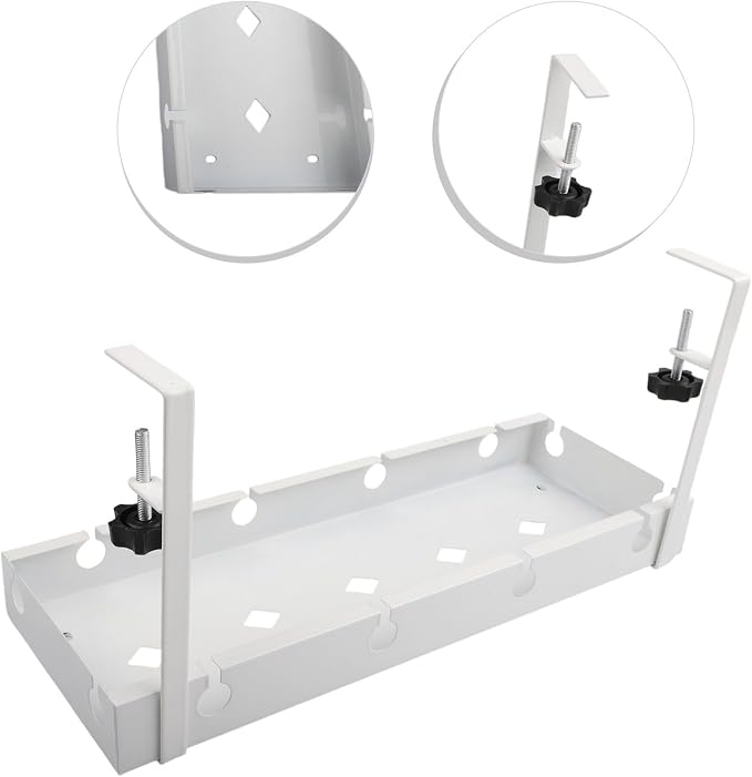 Under Desk Cable Tray with Ventilated Metal Frame for Heat Dissipation, Adjustable Fit for Office Desk and No Drilling Installation Required (White)