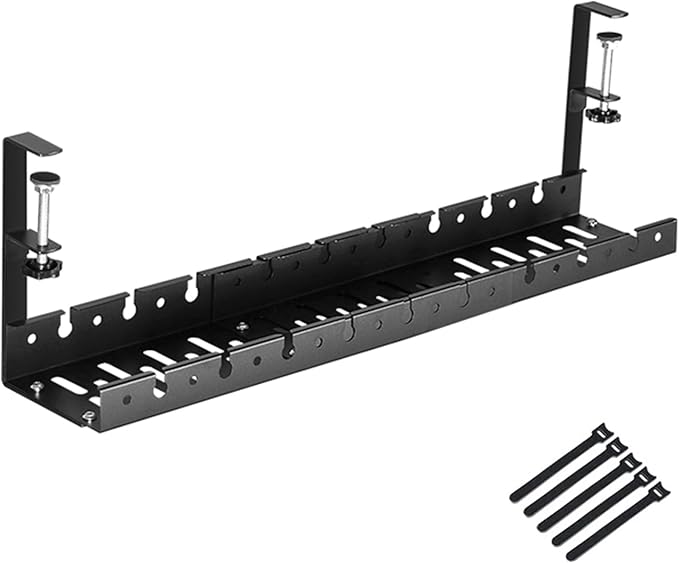 No Drilling Extendable Under Desk Cable Management, Metal Cable Tray Under Desk with Clamp, Retractable Power Strip Cord Holder for Wire