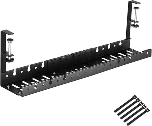 No Drilling Extendable Under Desk Cable Management, Metal Cable Tray Under Desk with Clamp, Retractable Power Strip Cord Holder for Wire
