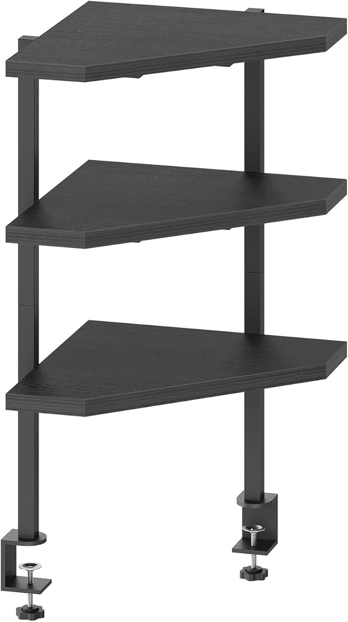 MAHANCRIS Clamp on Desk Corner Organizer, 3-Tier Desktop Shelf, Adjustable Desk Corner Storage Shelf with Metal Frame, for Office, Game Room, Black DSBK5501