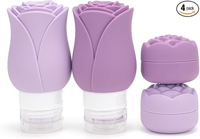 Travel Containers Bottle for Toiletry 4 Pack 3oz Leakproof TSA Approved & Refillable Mini Cream Jars, Silicone Squeeze Tube Rose Bottles for Shampoo Lotion Body Wash BPA Free +Bag, Purple Rose