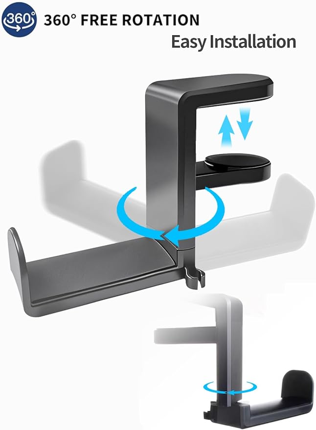 Headphone Hook，Headphone Stand，PC Gaming Headset Holder for Desk，Desk Headphone Hanger，Desk Hook with 360-Degree Adjustable Rotation