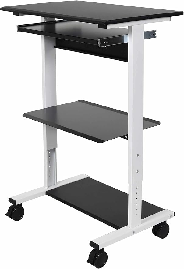 Stand Up Desk Store Mobile Rolling Adjustable Height Standing Workstation with Printer Shelf and Slideout Keyboard Tray (White Frame/Black Top, 30" Wide)