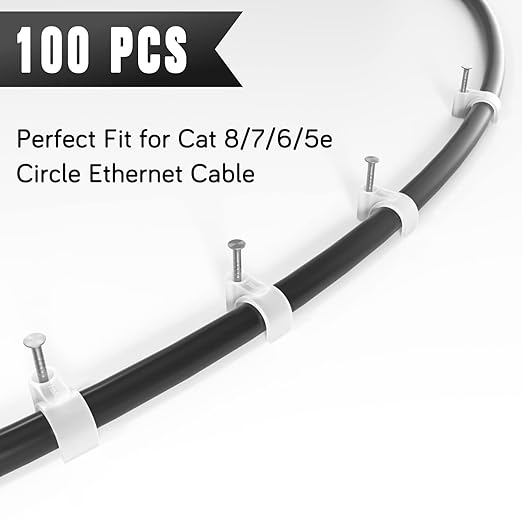 CableGeeker Cable Clips 100 Pieces Cat8 Cat7 Cat6 Ethernet Cable Clips with Nails 7mm Cord Holder for Circle Ethernet Cable (White)