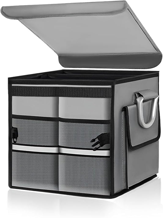 Trunk Organizer with Lid, 28L Collapsible Cargo Organizer with Aluminum Handles & Reflective Strip, Multi-Purpose Waterproof Oxford Storage Box for Cars Trucks SUVs Minivans (Gray)