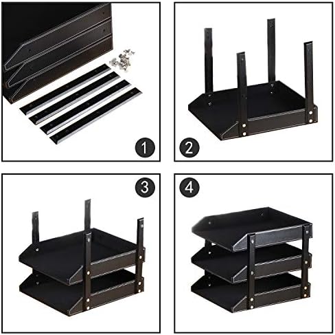 Leather File Trays for Desk Stackable,3-Tier Document Letter Tray,Office Desktop Organizers and Accessories for Folders Stationery Bills Magazine Newspaper (Black)