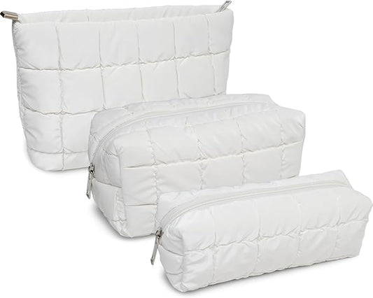 3Pcs Puffer Quilted Makeup Bag Travel Cosmetic Bag Set Portable Puffy Checkered Toiletry Pouch Skincare Organizer Purse Pencil Case (White)