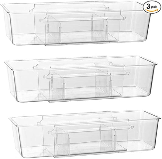 Expandable Desk Drawer Organizer Bins with Removable Dividers, Clear & Durable BPA-Free PET Plastic, for Vanity, Kitchen, Bathroom, Office, and Bedroom Storage, 3-Pack