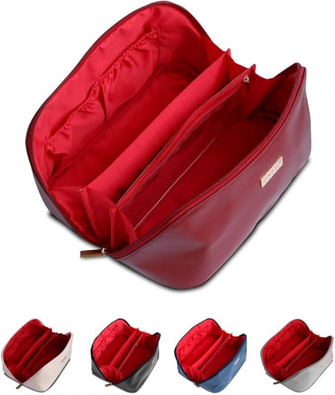 NAORI Travel Makeup Bag for Women | Large Luxury Cosmetic Organizer with Handle & Inner Pockets | Waterproof Faux LeatherToiletry Bag | Makeup Case for Home, Travel & Gifting (Classic Burgundy)