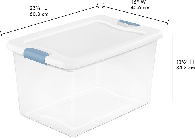 Sterilite 12-Pack Latching Box, Clear Plastic Organizer Bins with White Lids, 64 Quart – Large Stackable Containers for Closet, Bedroom, Garage, Kitchen, and Pantry Organization