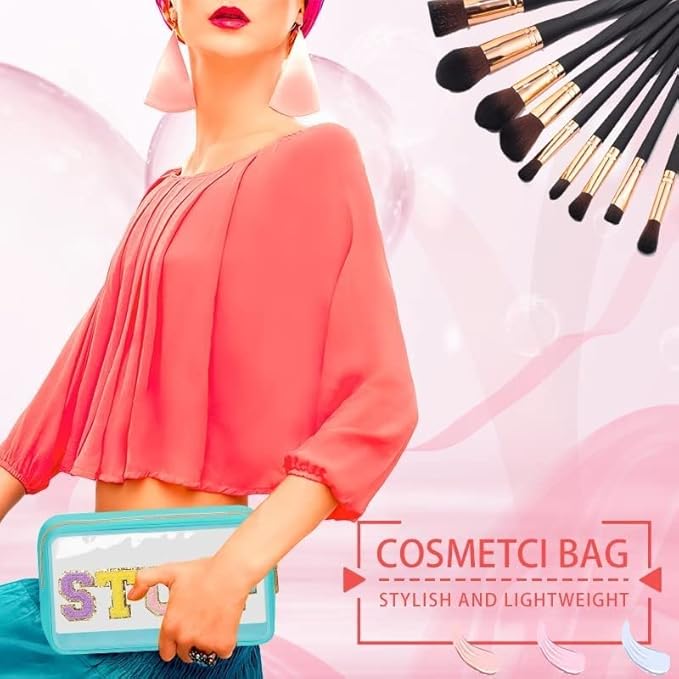 Large Clear Chenille Letters Makeup Bag for Travel,Beach, Clear Glitter Preppy Patch Stuff Cosmetic Bag,Clear Toiletry Stuff Pouch for Women for Valentines Day Gifts (10.62*6.29*3.54 inch,Apricot)