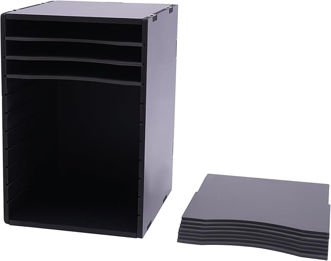 Vertical Desktop Sorter 11 Slots, Black Mail Organizer Vertical File Organizer, PVC Paper Sorter Organizer with 11 Adjustable Compartments, Construction Paper Storage Mailbox for Home Office (Black)