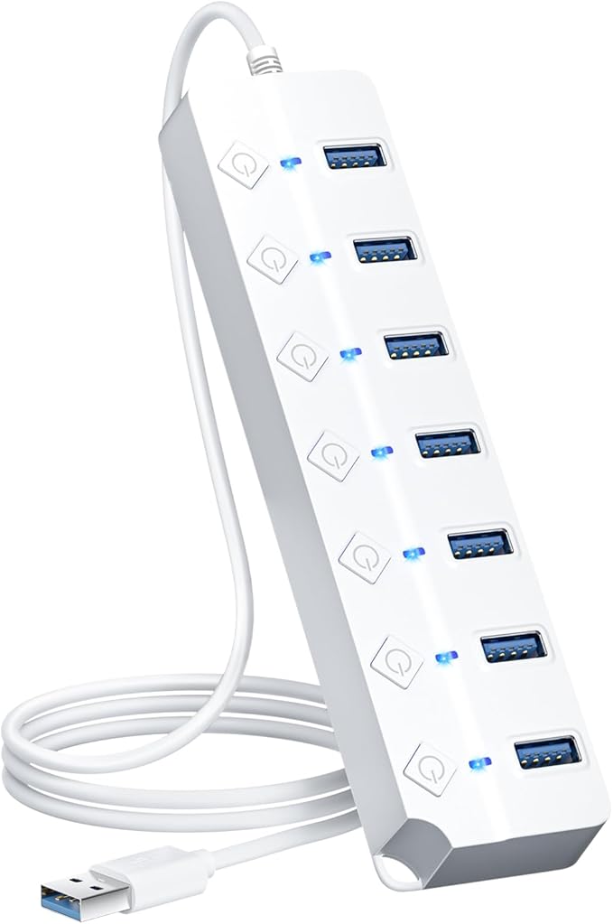 ONFINIO USB Hub 3.0, 7-Port USB Hub Splitter with Individual On/Off Switches and Lights, 3.2ft/1m Long Cable Compatible with MacBook, Laptop, Surface Pro, PS4, PC, Flash Drive, Mobile HDD-White