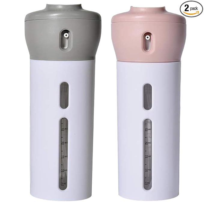2 Pack 4 in 1 Travel Dispenser, CHIVENIDO Lotion Shampoo Gel Travel Dispenser Bottle Sets Shower Bottles Refillable Travel Bottles for Makeup Travel Supplies (Pink, Gray)