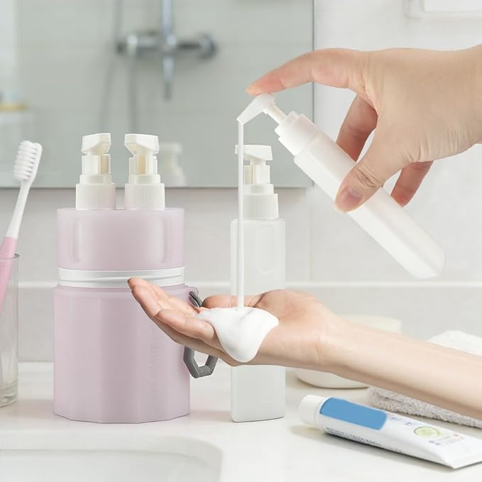 4-in-1 Travel Dispenser Bottles, Suction Cup and Adjustable Height Design, Travel Toiletry Containers with Labels and Storage Bag, Leak-Proof Compact Travel Set for Shampoo, Conditioner, Body Wash.