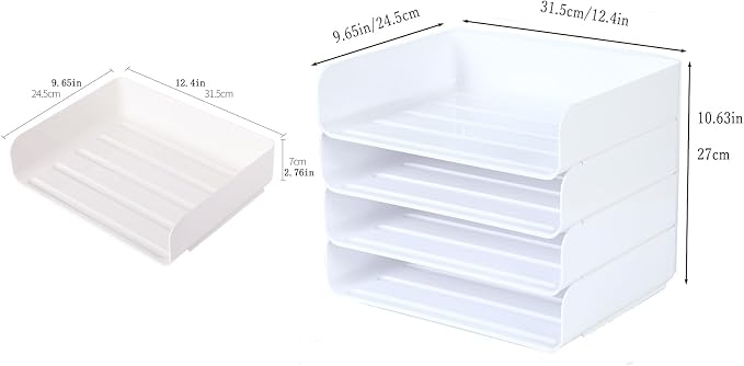 4 Tiers Stackable A4 Paper Trays, Office Desk File Holder, Tidy File Document Letter Book Paper Organizer (4 Tiers,White)