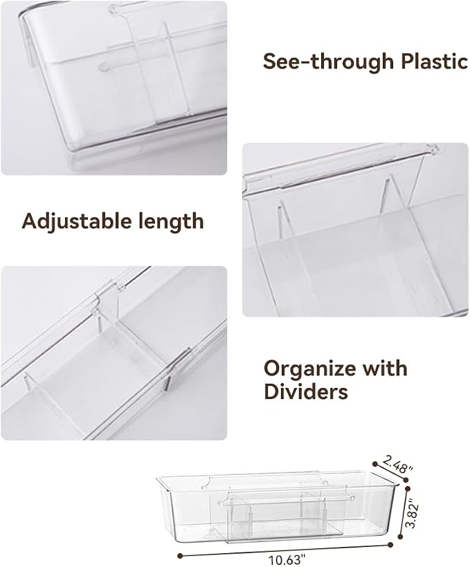 Expandable Desk Drawer Organizer Bins with Removable Dividers, Clear & Durable BPA-Free PET Plastic, for Vanity, Kitchen, Bathroom, Office, and Bedroom Storage, 3-Pack