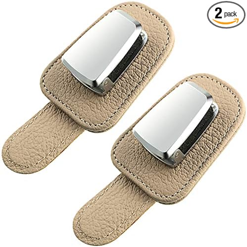 Mudder 2 Packs Sunglasses Holder for Car Universal Visor Sunglasses Holder Clip Leather Eyeglasses Hanger and Ticket Card Clip Eyeglasses Mount for Car(Beige)
