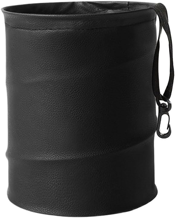 Collapsible Trash Can Car Garbage Bag - Leather Pop-up Car Trash Bin with Elastic Band - Hanging Foldable Garbage Can Vehicle Waste Basket Bin - Double-Layer Washable Bag for Cars Camping (Black)