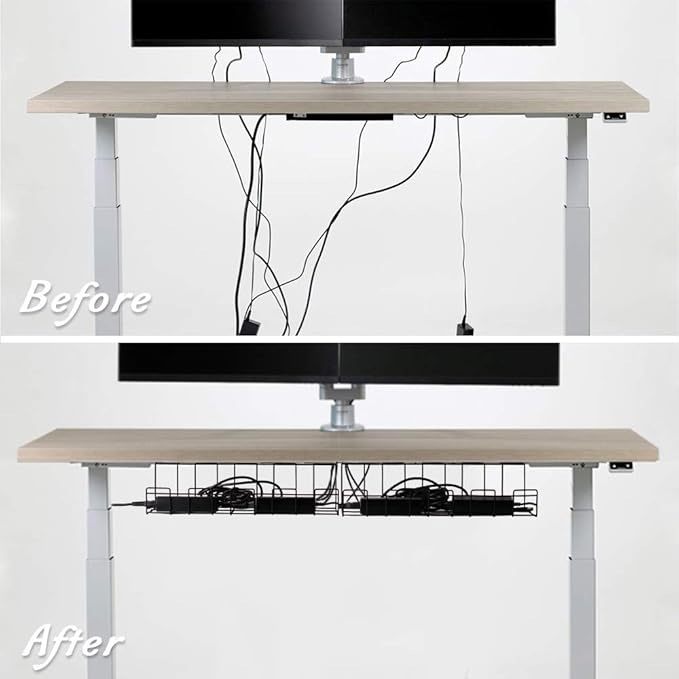 2 Packs Cable Management Tray, 16" Under Desk Organizer for Wire Organization, Metal Holder for Desktop Computer Home Office Kitchen Workstation to Cover and Hide Power Strips (Black)
