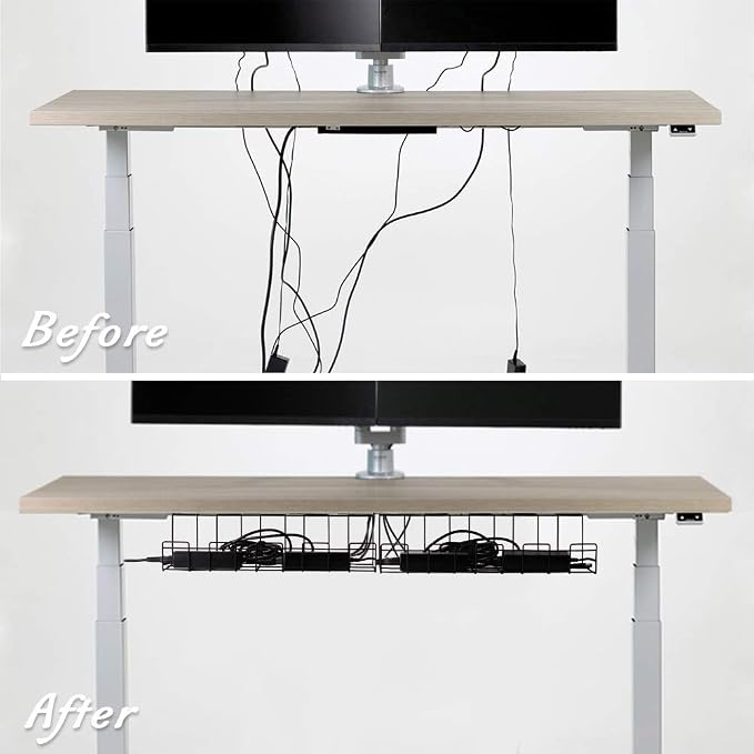 2 Packs Cable Management Tray, 14 inch Under Desk Cable Holder for Wire Organization, Heavy Metal Cord Organizer Ideal for Computer Home Office Standing Desks to Hide Power Strips (Gray)