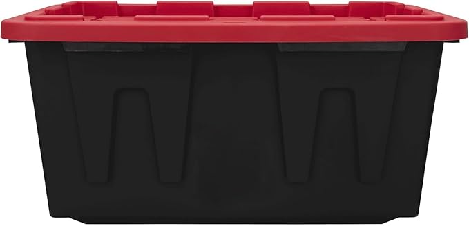 27 Gal Industrial Tote,2 Pack Plastic Storage Bins with Lids Tough Large Storage Bin,Black with Red Lid Plastic Storage,Stackable & Nestable for Garage, Basement, or Outdoor (2 Pack)