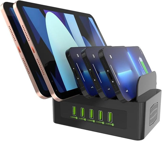 Multi Fast Charging Station,with 5 USB QC 3.0 Port,5V3A 12V1.5A（18W） 5-Port USB Charger for Multiple Device with SmartIC Tech Stand Compatible with iPad, Tablet, Kindle, Charging 5 iPads