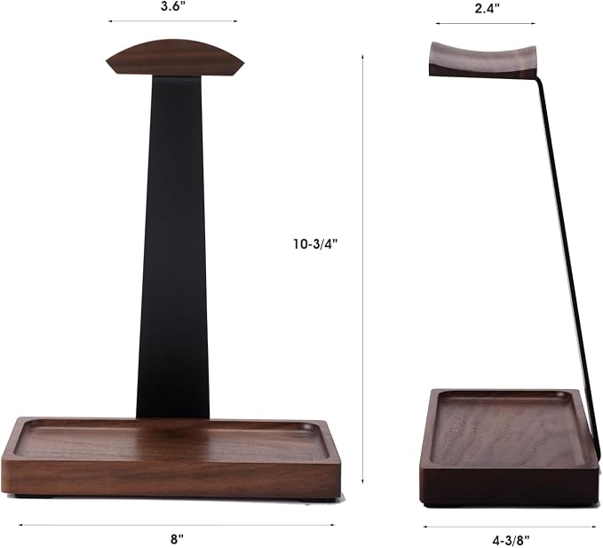 Walnut Headphone Stand, Wooden Headset Stand for Desk, Wood Gaming Headphone Holder with Storage Base for Airpod max, Bose, Razer, Sennheiser, Jabra, JBL, AKG, Vintage Gift for Men, Black