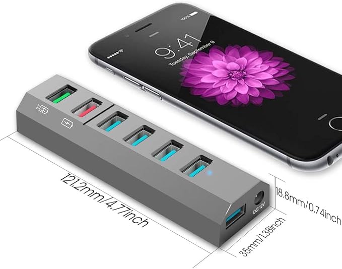 USB Hub, Aiibe 6 Ports Super High Speed USB 3.0 Hub Splitter + Power Adapter + USB 3.0 Cable, Powered USB Hub - Gray