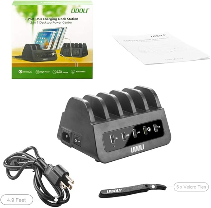 5 USB Ports Charging Station Organizer for Multiple Devices Fast Charging Desktop Stand for Apple Android Phone Tablet 1600W 2 AC Power Outlets Charger Dock for Home Office 3 Prong Cord Black
