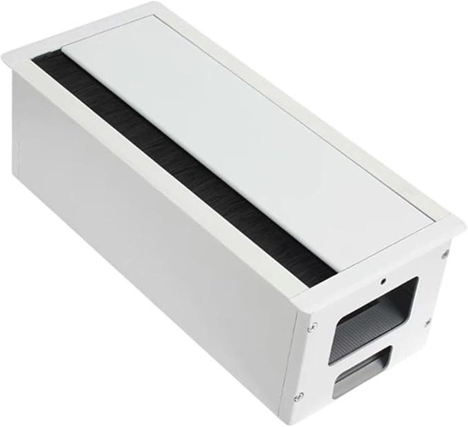 Desk Threading Box Aluminum Alloy Rectangular Wire Organizer with Cable Hole Cover Cord Grommet Storage Box Space Saving Cushioning Structure, White
