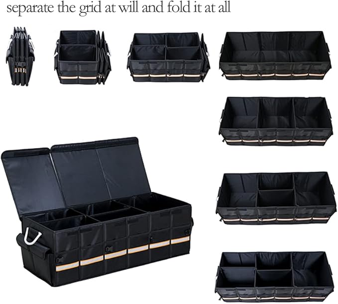 Tianle Car Trunk Organizer - Collapsible Trunk Organizer & Lid Foldable Cover Aluminium Alloy Handle Reflective Strip for Auto, SUV, Truck, Minivan (XL Black)