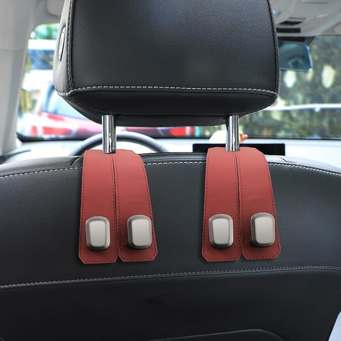 Car Seat Headrest Double Hooks Organizer 1-4 Pack – Heavy Duty Leather & Metal Hook for Bags, Purses, Wallets – Phone Mount – Fits Most Vehicles (Red-2pcs)