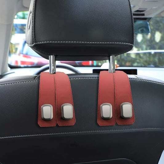 Car Seat Headrest Double Hooks Organizer 1-4 Pack – Heavy Duty Leather & Metal Hook for Bags, Purses, Wallets – Phone Mount – Fits Most Vehicles (Red-2pcs)