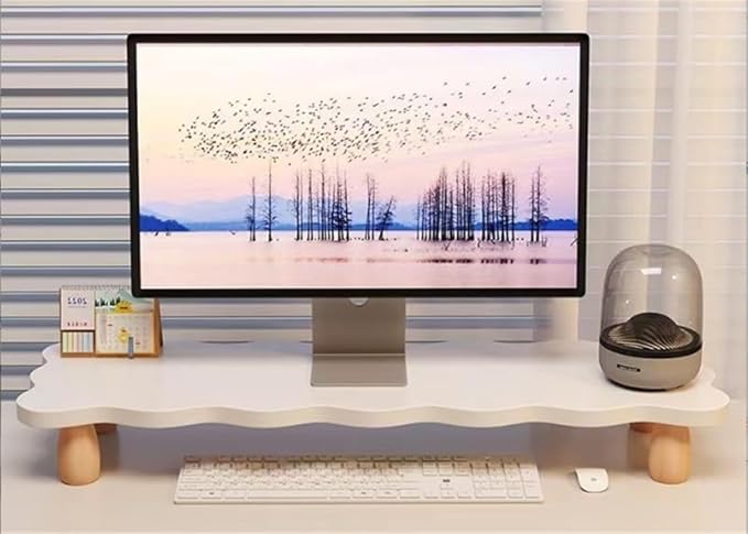 Monitor Stand Riser, Cloud-Shaped Sturdy Wood Computer Monitor Riser, Laptop Monitor Stand, Multi-Purpose Desktop Organizer Riser for Computer, Laptop, Printer, TV (White)