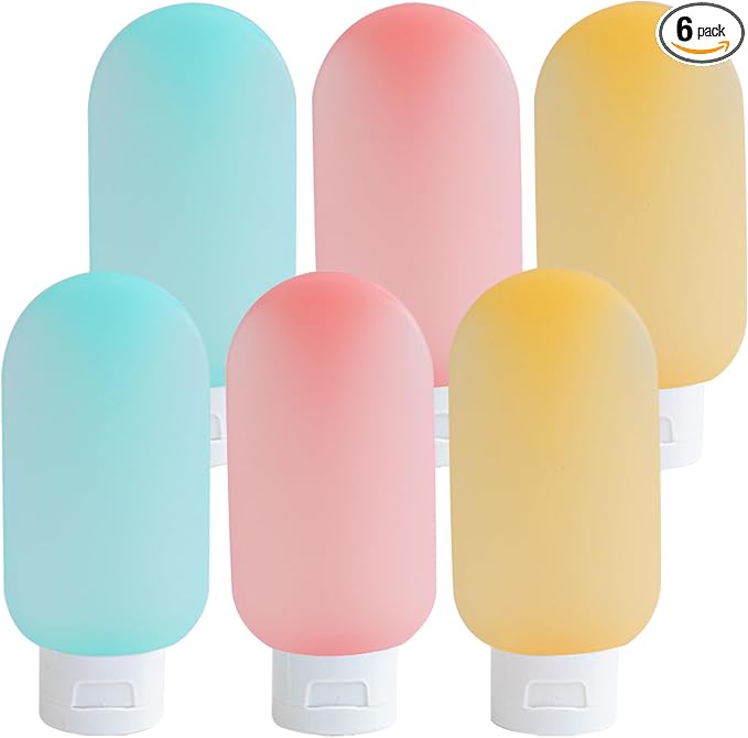 Travel Bottles for Toiletries 6 Pack, Leakproof 2 oz Tsa Approved Travel Size Containers, BPA Free Plastic Shampoo and Conditioner Bottles, Camping Travel Essentials (Multicolor - B)