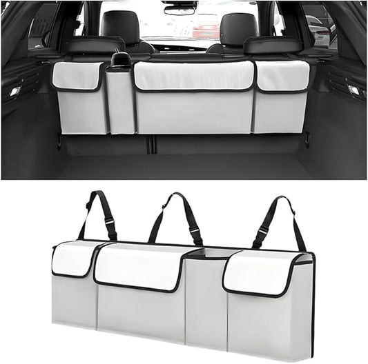 Car Trunk Organizer with Lid, Large Waterproof Vehicle Backseat Hanging Storage Bag with 4 Pockets & Adjustable Straps, Collapsible Automotive Interior Cargo Bag, Universal Fit (White/Grey)