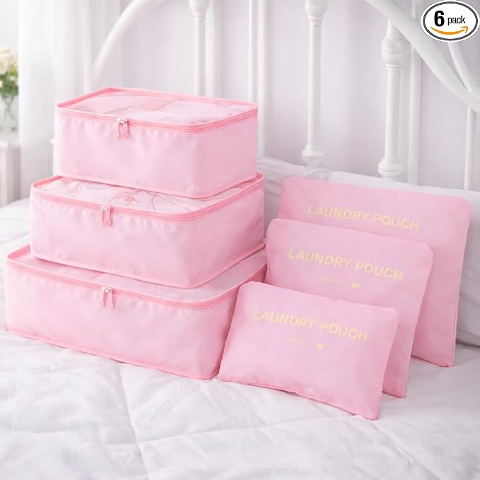 6 Set Travel Packing Cubes for Luggage – Laundry Pouch Organizer Bags, Lightweight Storage Pouches for Clothes, Shoes, and Toiletries (pink)