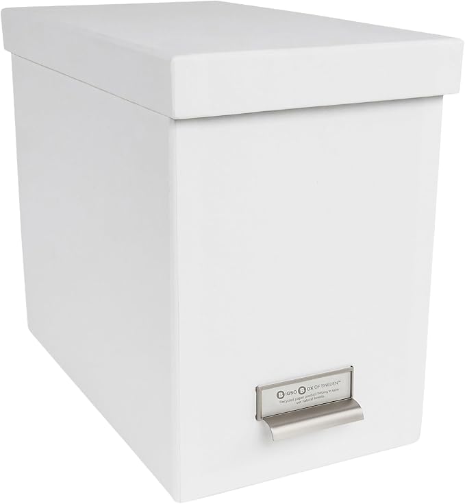 Bigso John Fiberboard Label Frame Desktop File Storage Box - Document Organizer for Important Paperwork - Durable Hanging File Box with a Lid & Metal Label Window - 7.36 x 13.38 x 10.51 in - White