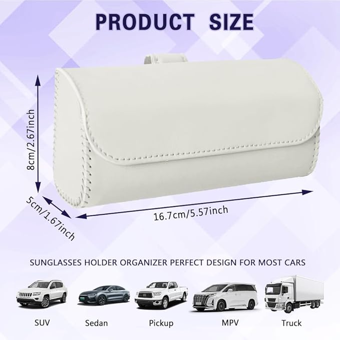 Sunglasses Holder for Car Sun Visor, Sunglass Organizer for Car, Magnetic Leather Eyeglasses Protective Storage Case, Waterproof Glasses Organizer Visor Accessories for Vehicles (White)